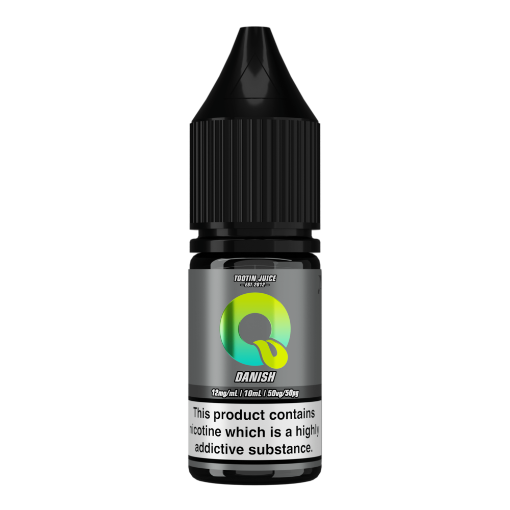 Tootin Juice Danish 10ml nic salt bottle, grey label with green-to-yellow gradient 'Q' logo, 'TOOTIN JUICE EST 2012' branding, 12mg/mL strength, black cap, nicotine addictive warning label