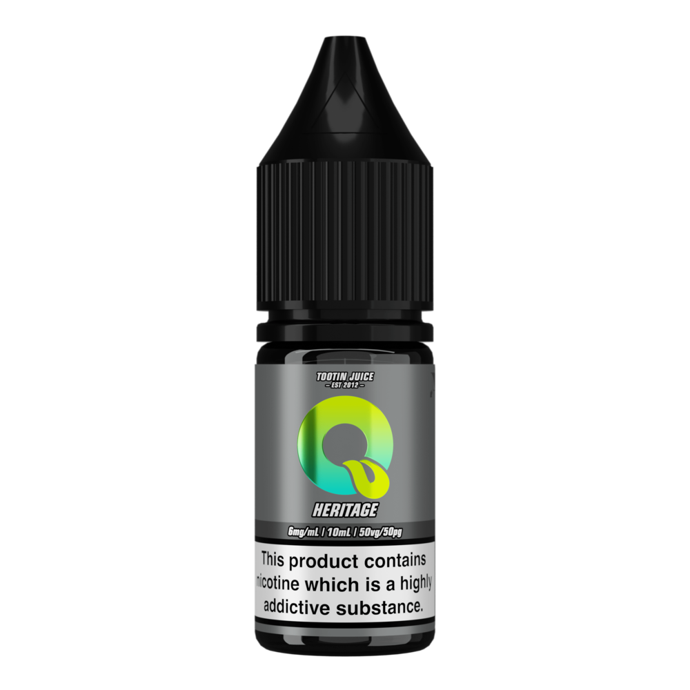 Tootin Juice Heritage 10ml nic salt bottle, grey label with green-to-yellow gradient "Q" logo, "TOOTIN JUICE EST 2012" branding, 6mg/mL strength, black cap, nicotine addictive warning label