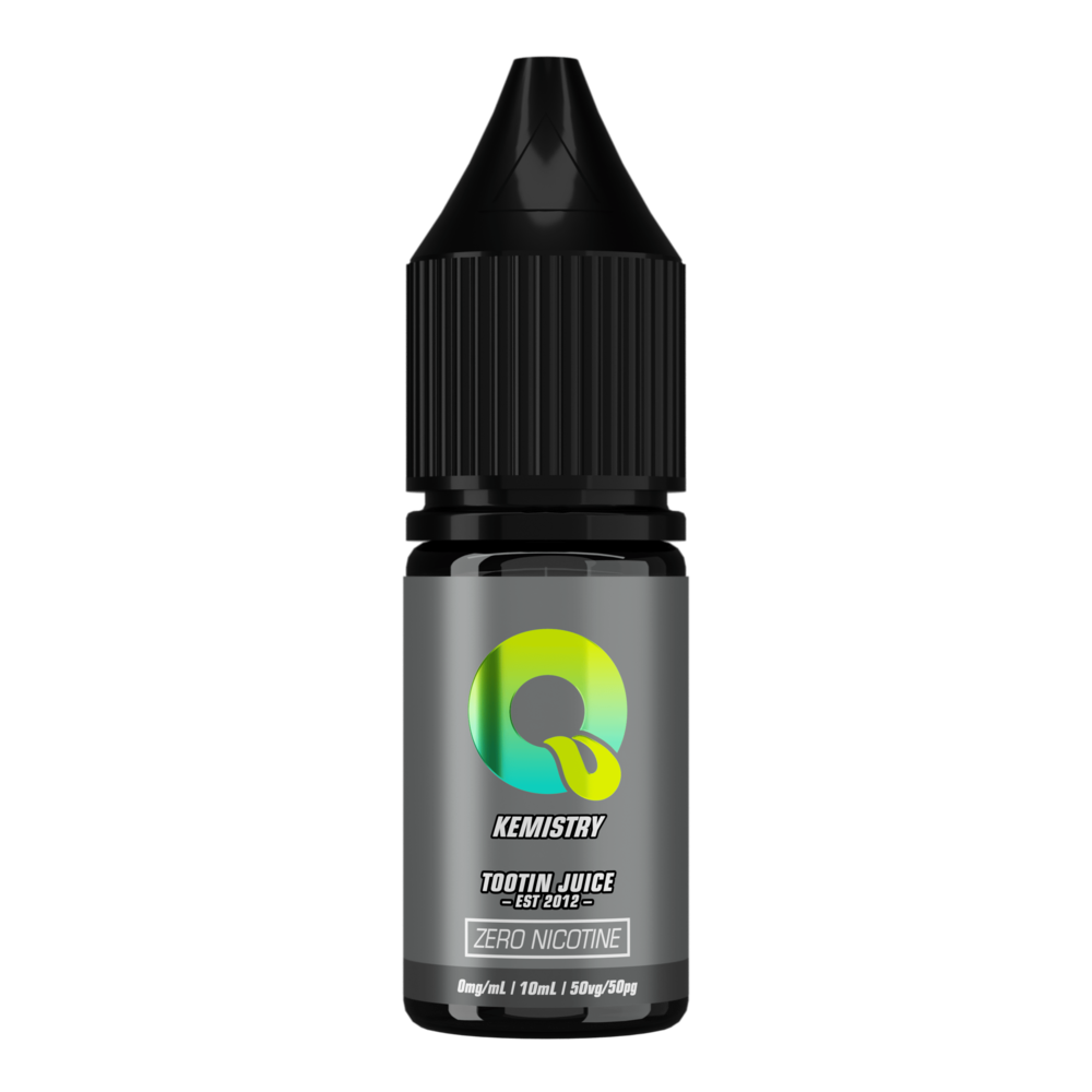 Tootin Juice Kemistry 10ml e-liquid bottle, dark grey label with green-to-yellow gradient 'Q' logo, 'TOOTIN JUICE EST 2012' branding, 'ZERO NICOTINE' box, black cap, 0mg/mL 50VG/50PG