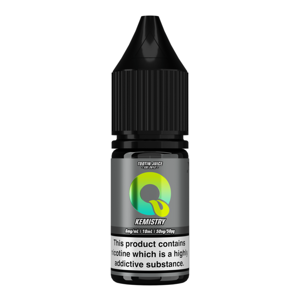 Tootin Juice Kemistry 10ml nic salt bottle, grey label with green-to-yellow gradient 'Q' logo, 'TOOTIN JUICE EST 2012' branding, 6mg/mL strength, black cap, nicotine addictive warning label