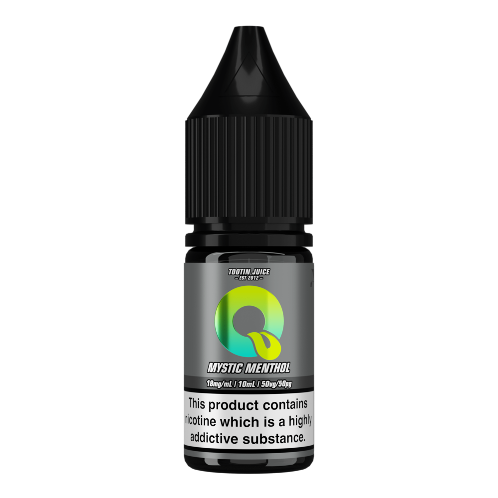 Tootin Juice Mystic Menthol 10ml nic salt bottle, grey label with green-to-yellow gradient 'Q' logo, 'TOOTIN JUICE EST 2012' branding, 18mg/mL strength, black cap, nicotine addictive warning label