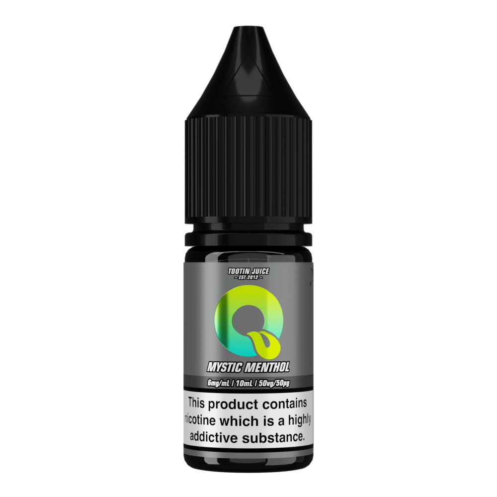 Tootin Juice Mystic Menthol 10ml nic salt bottle, grey label with green-to-yellow gradient 'Q' logo, 'TOOTIN JUICE EST 2012' branding, 6mg/mL strength, black cap, nicotine addictive warning label