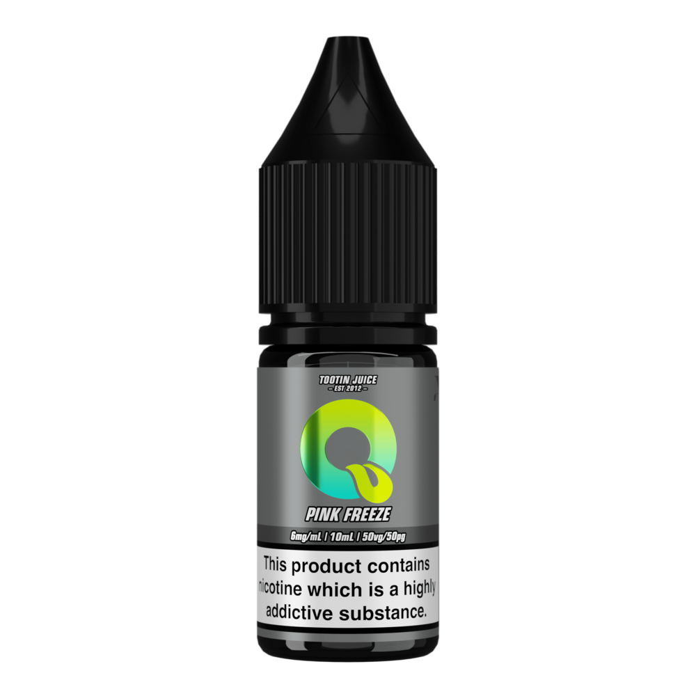 Tootin Juice Pink Freeze 10ml nic salt bottle, grey label with green-to-yellow gradient 'Q' logo, 'TOOTIN JUICE EST 2012' branding, 6mg/mL strength, black cap, nicotine addictive warning label