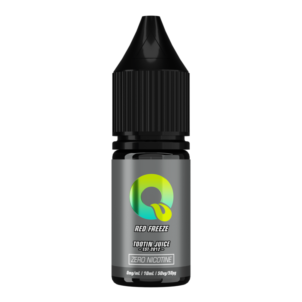 A Tootin Juice Red Freeze 10ml Zero Nicotine bottle, grey label with a green-yellow gradient "Q" logo, marked "0mg/mL | 10mL | 50vg/50pg".