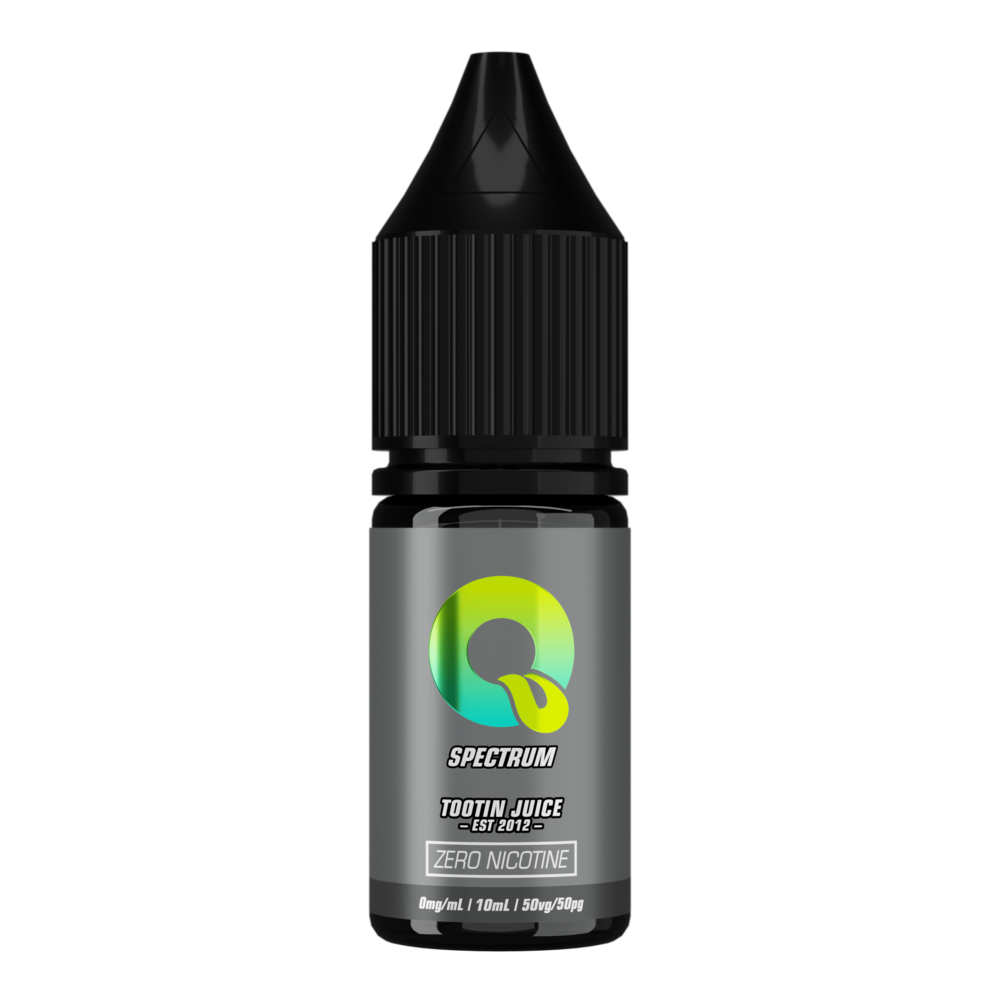 Tootin Juice Spectrum 10ml e-liquid bottle, dark grey label with green-to-yellow gradient 'Q' logo, 'TOOTIN JUICE EST 2012' branding, 'ZERO NICOTINE' box, black cap, 0mg/mL 50VG/50PG