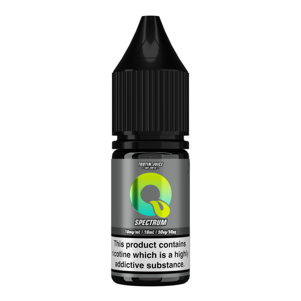 Tootin Juice Spectrum 10ml nic salt bottle, grey label with green-to-yellow gradient 'Q' logo, 'TOOTIN JUICE EST 2012' branding, 18mg/mL strength, black cap, nicotine addictive warning label