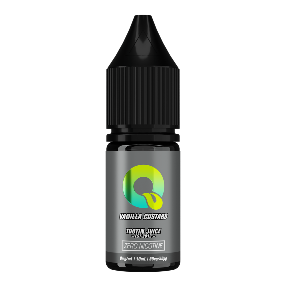 Tootin Juice Vanilla Custard 10ml e-liquid bottle, dark grey label with green-to-yellow gradient "Q" logo, "TOOTIN JUICE EST 2012" branding, "ZERO NICOTINE" box, black cap, 0mg/mL 50VG/50PG