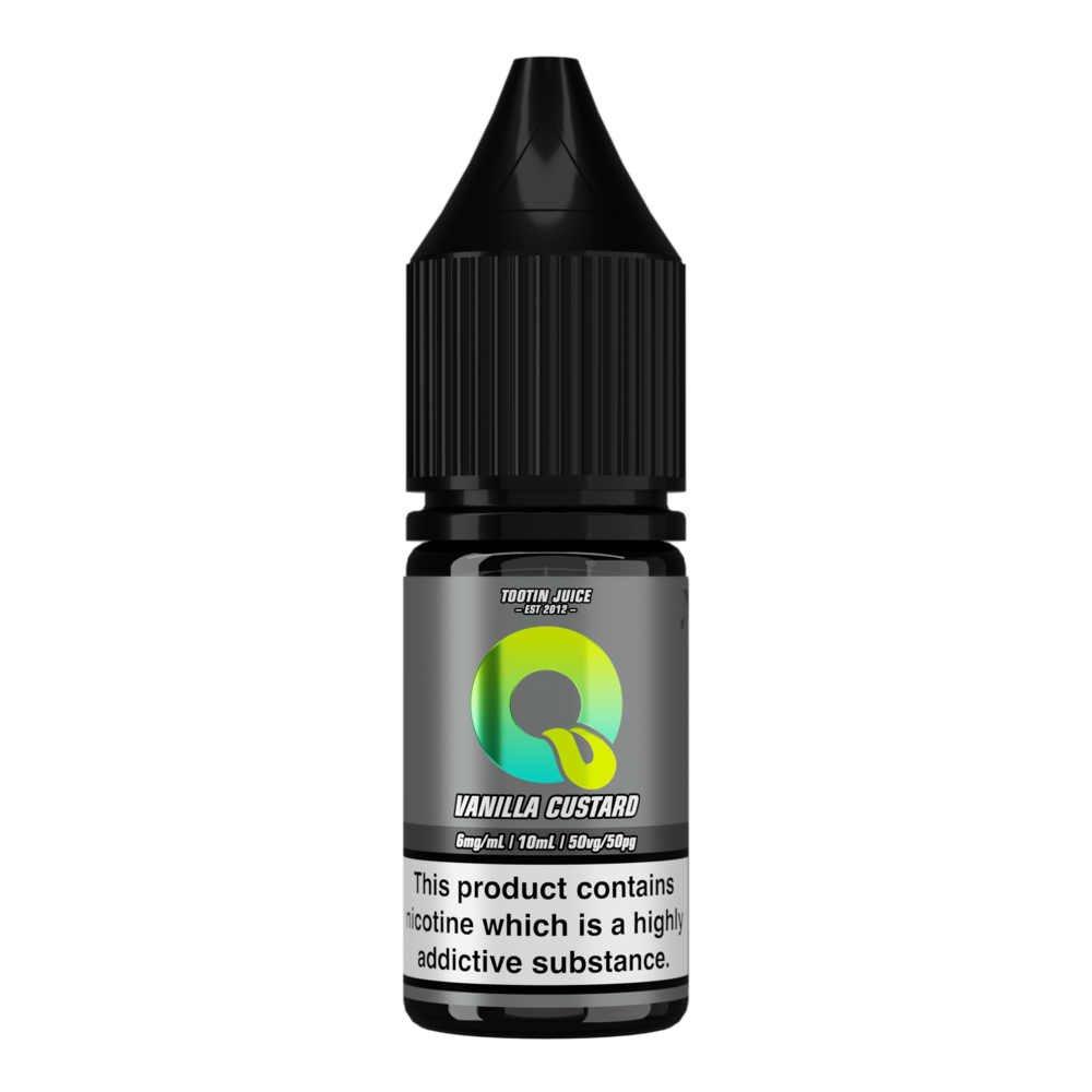 Tootin Juice Vanilla Custard 10ml nic salt bottle, grey label with green-to-yellow gradient "Q" logo, "TOOTIN JUICE EST 2012" branding, 6mg/mL strength, black cap, nicotine addictive warning label