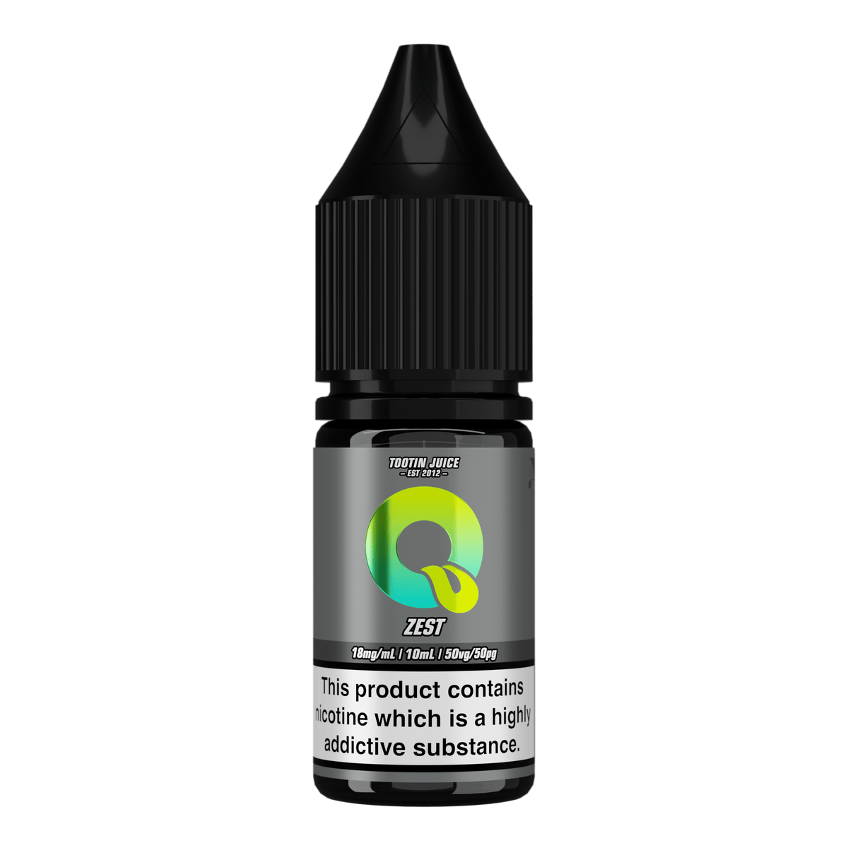 Tootin Juice Zest 10ml nic salt bottle, grey label with green-to-yellow gradient "Q" logo, "TOOTIN JUICE EST 2012" branding, 18mg/mL strength, black cap, nicotine addictive warning label