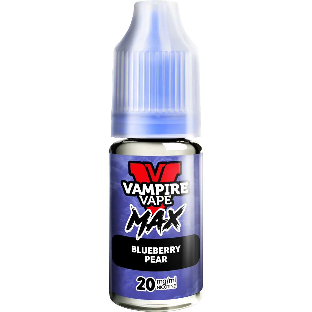 A close-up of a Vampire Vape Max Nic Salts Blueberry Pear 10ml bottle with a blue label and 20mg nicotine strength.