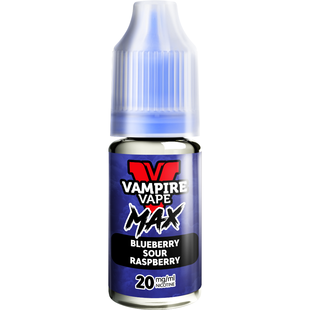 A close-up of a Vampire Vape Max Nic Salts Blueberry Sour Raspberry 10ml bottle with a blue label and 20mg nicotine strength.