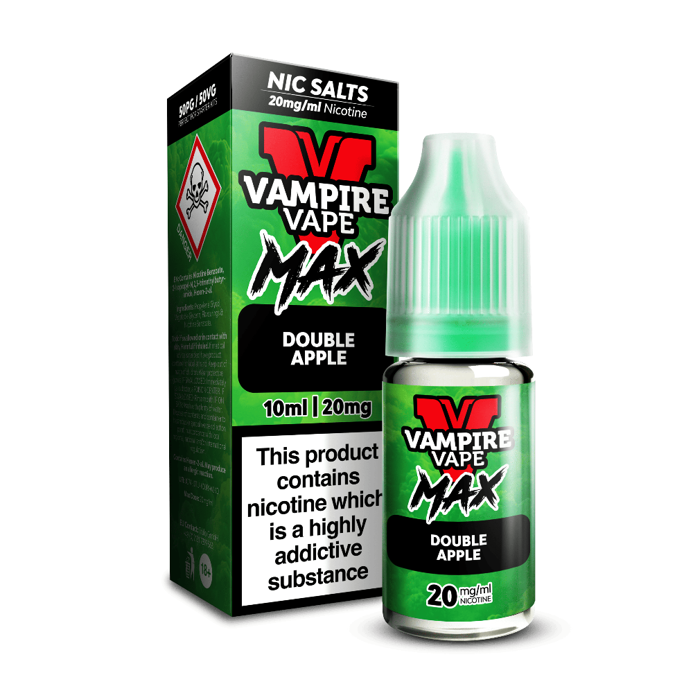 A green Vampire Vape Max Nic Salts Double Apple 10ml bottle beside its box, with a hazard warning symbol.