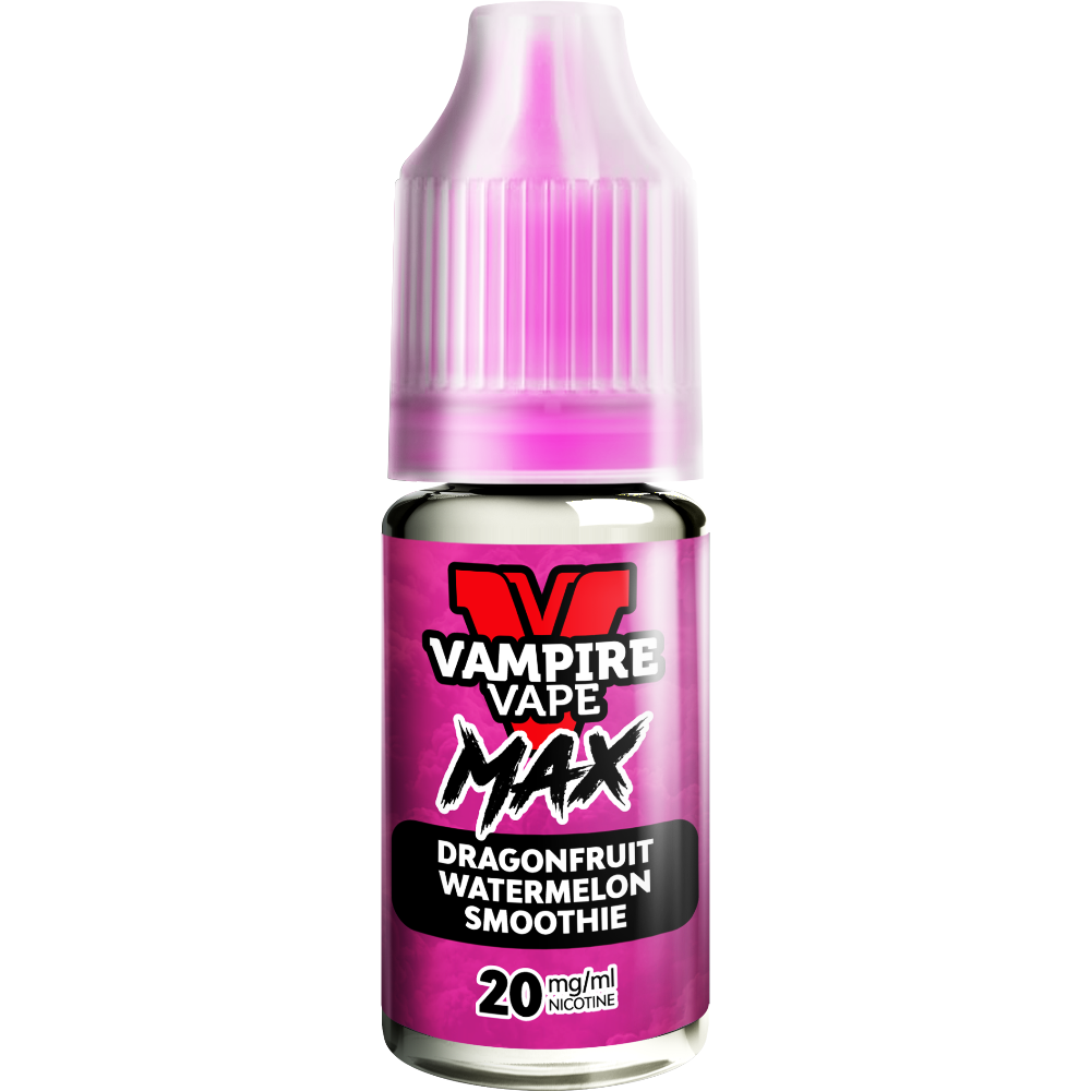 A close-up of a Vampire Vape Max Nic Salts Dragonfruit Watermelon Smoothie 10ml bottle with a pink label and 20mg nicotine strength.