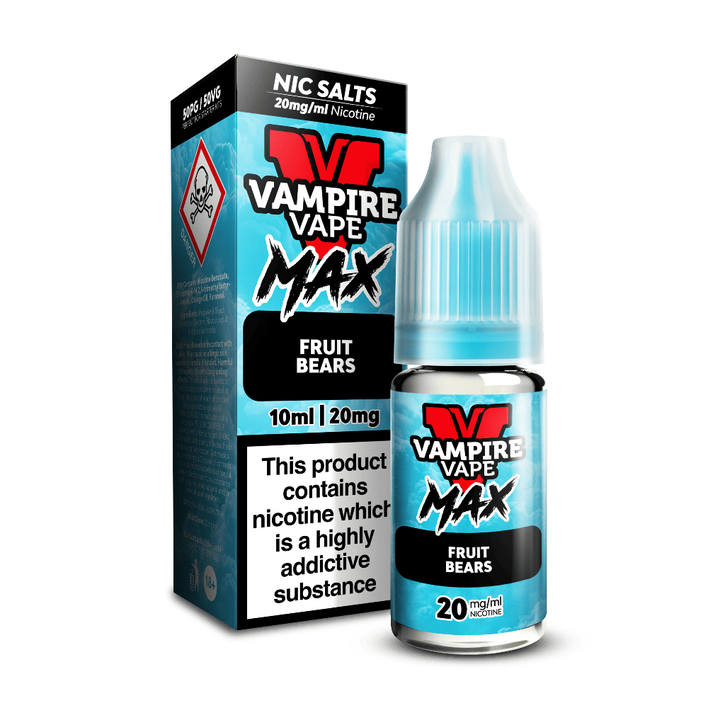 A blue Vampire Vape Max Nic Salts Fruit Bears 10ml bottle beside its box, with a hazard warning symbol.