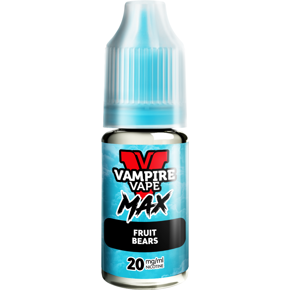 A close-up of a Vampire Vape Max Nic Salts Fruit Bears 10ml bottle with a blue label and 20mg nicotine strength.