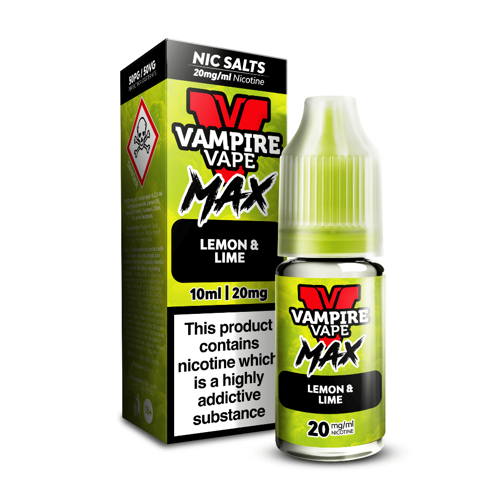 A green Vampire Vape Max Nic Salts Lemon & Lime 10ml bottle beside its box, with a hazard warning symbol.