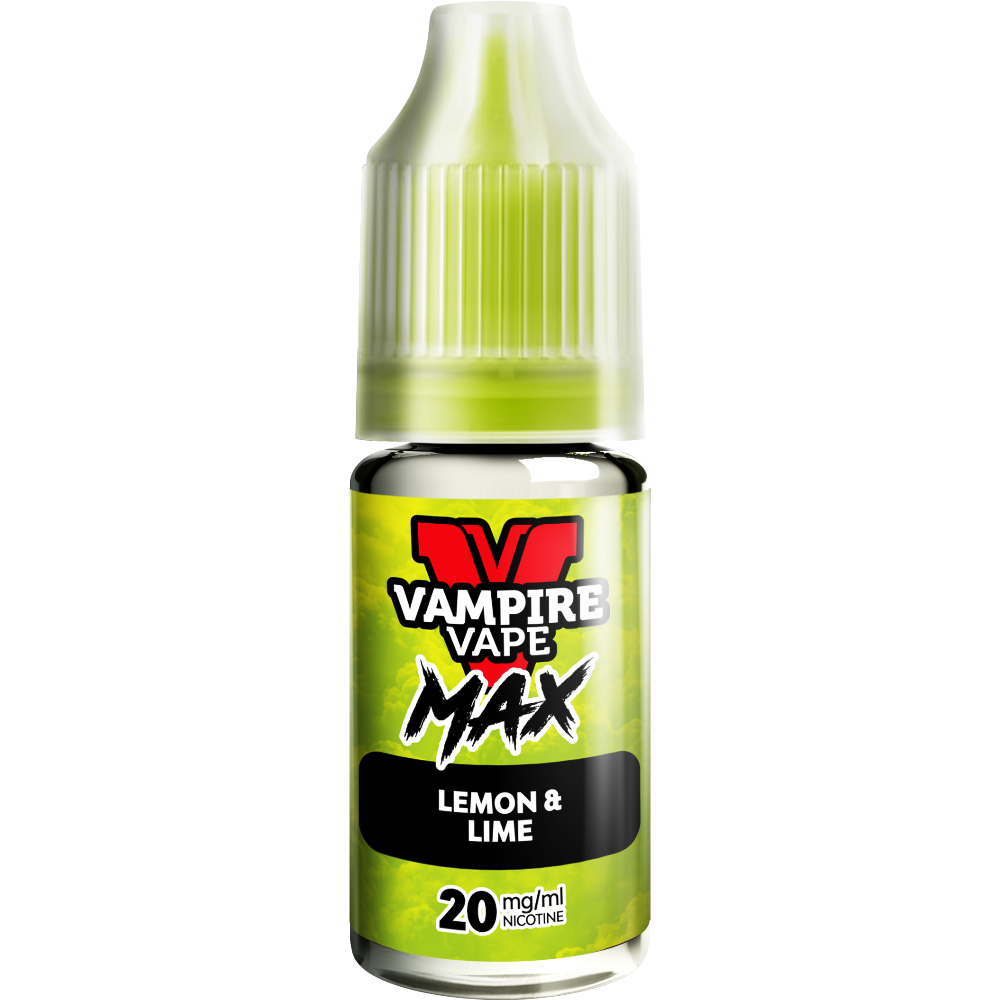 A close-up of a Vampire Vape Max Nic Salts Lemon & Lime 10ml bottle with a green label and 20mg nicotine strength.