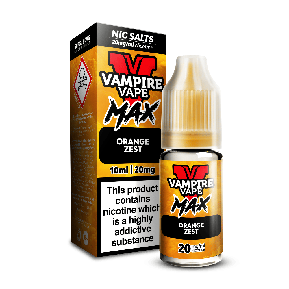 An orange Vampire Vape Max Nic Salts Orange Zest 10ml bottle beside its box, with a hazard warning symbol.
