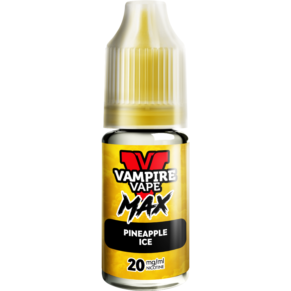 A close-up of a Vampire Vape Max Nic Salts Pineapple Ice 10ml bottle with a yellow label and 20mg nicotine strength.