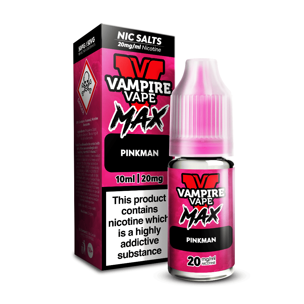 A pink Vampire Vape Max Nic Salts Pinkman 10ml bottle beside its box, 20mg nicotine, with a hazard warning symbol.