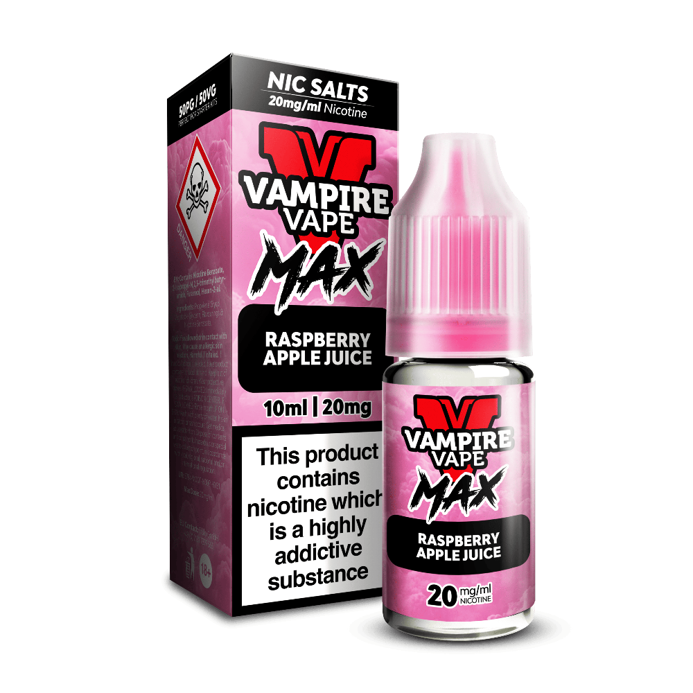 A pink Vampire Vape Max Nic Salts Raspberry Apple Juice 10ml bottle beside its box, 20mg nicotine, with a hazard warning symbol.