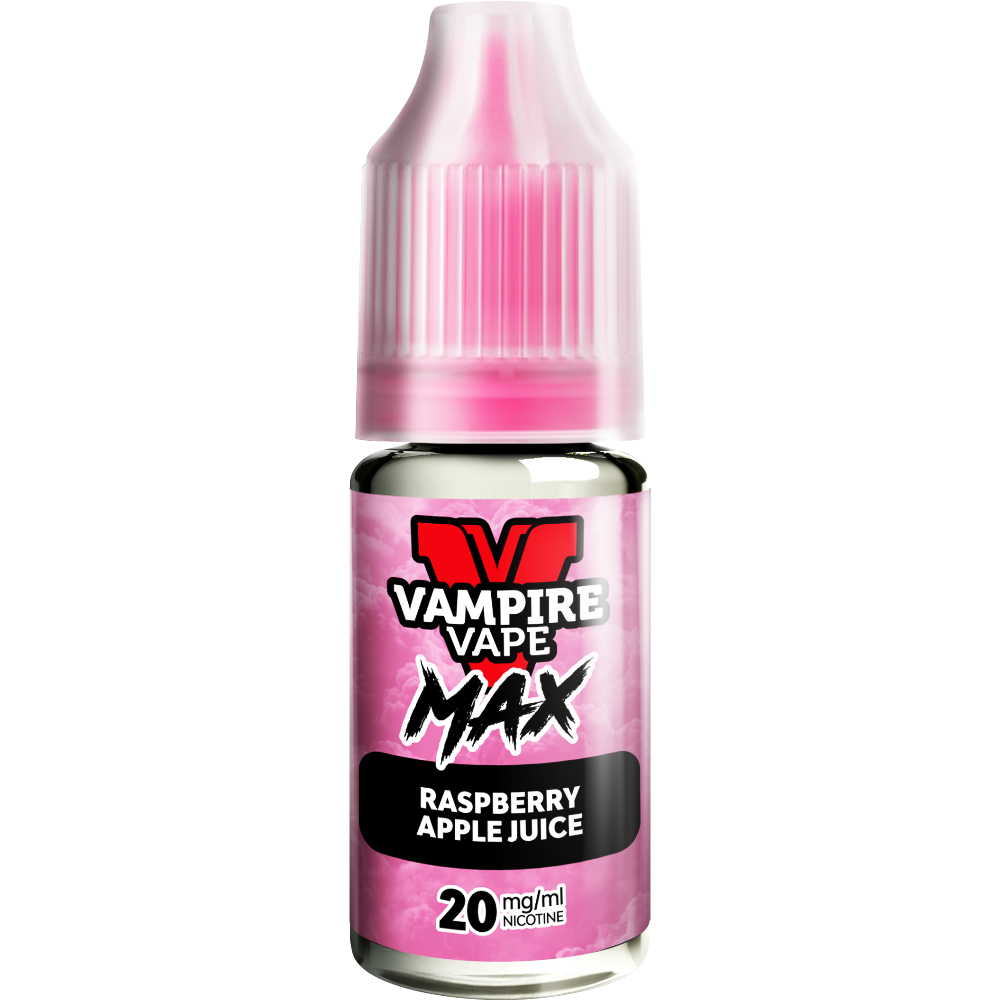 A close-up of a Vampire Vape Max Nic Salts Raspberry Apple Juice 10ml bottle with a pink label and 20mg nicotine strength.