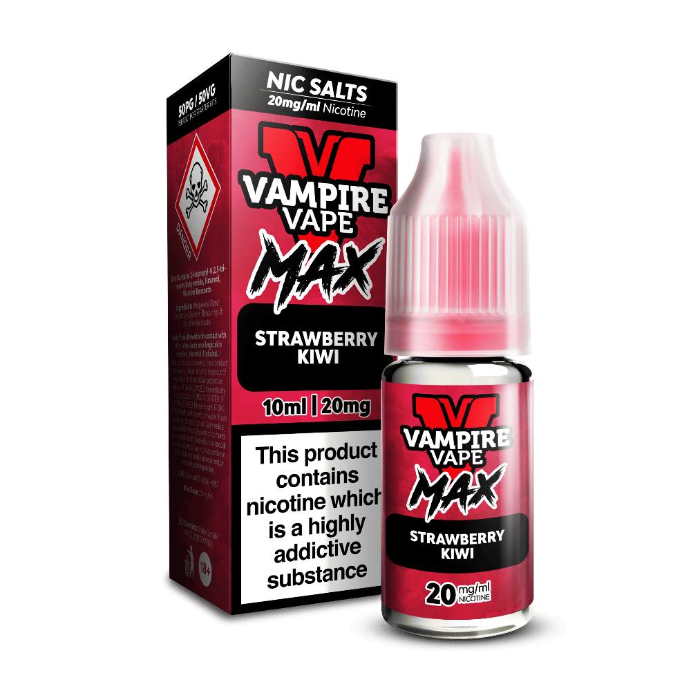 A red Vampire Vape Max Nic Salts Strawberry Kiwi 10ml bottle beside its box, 20mg nicotine, with a hazard warning symbol.