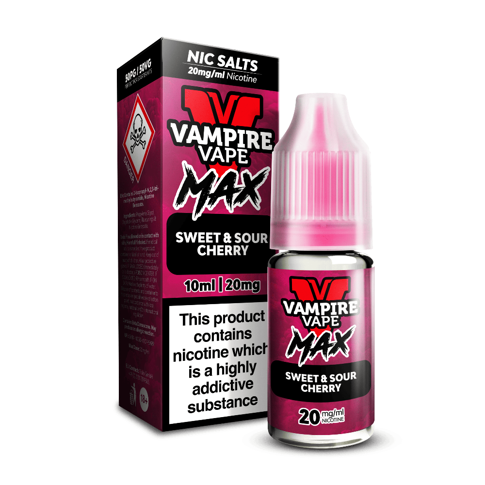 A pink Vampire Vape Max Nic Salts Sweet & Sour Cherry 10ml bottle beside its box, 20mg nicotine, with a hazard warning symbol.