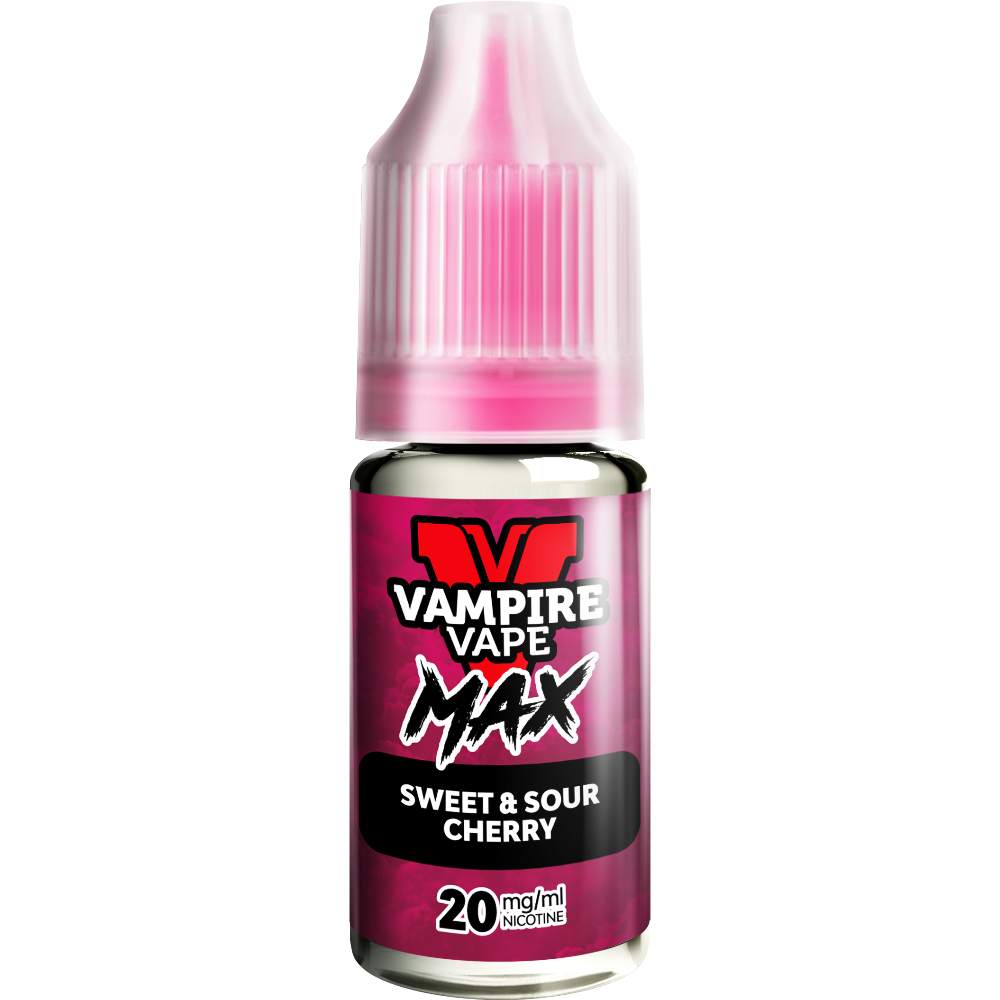 A close-up of a Vampire Vape Max Nic Salts Sweet & Sour Cherry 10ml bottle with a pink label and 20mg nicotine strength.