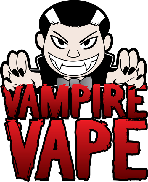 Vampire Vape logo, a cartoon vampire character above the "Vampire Vape" wordmark in red