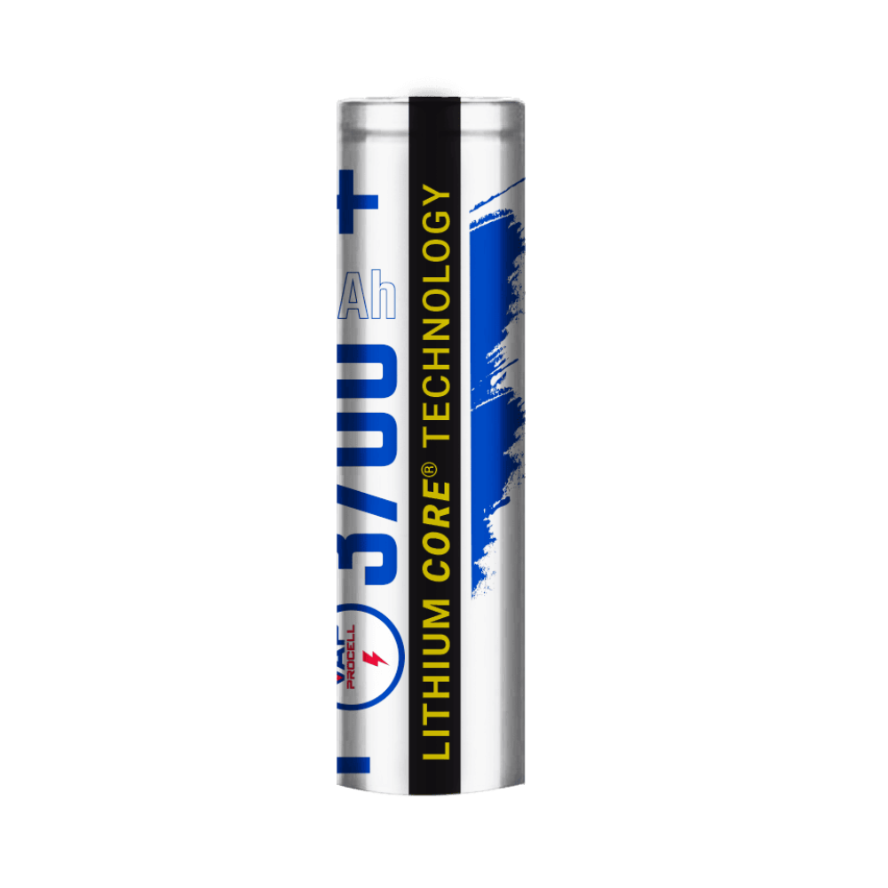 Side view of a silver VAP Procell 18650 3700mAh battery with a black "Lithium Core Technology" stripe and blue paint-splash graphic.