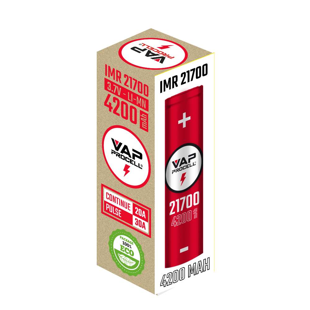 A kraft cardboard box for a VAP Procell IMR 21700 4200mAh battery, printed with specs and a "100% Eco" packaging seal.