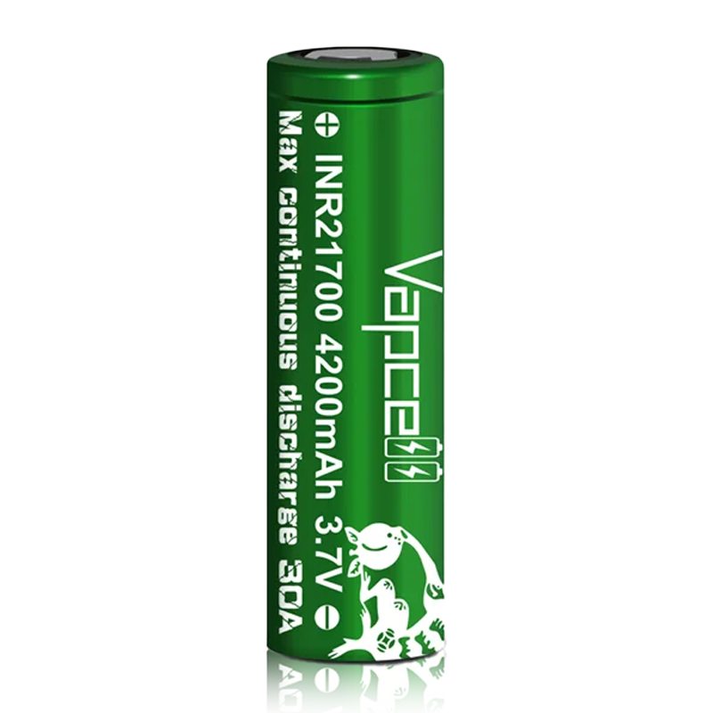 A green Vapcell INR21700 4200mAh 3.7V battery with printed discharge specs and a badger mascot graphic on the label