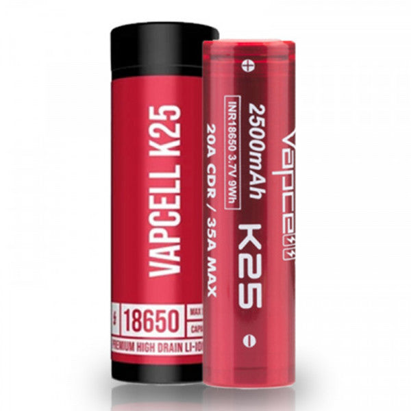 A red and black Vapcell K25 18650 battery tube beside the red 2500mAh Vapcell K25 battery, both printed with capacity and discharge specs.