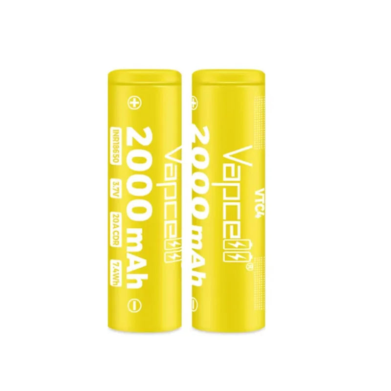 Two yellow Vapcell VTC4 INR18650 2000mAh 3.7V batteries shown front and back, with discharge specs printed on the labels.