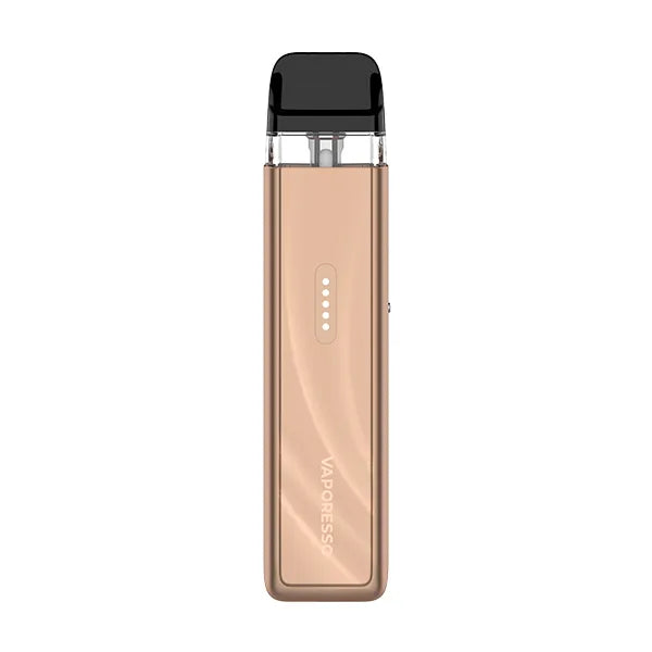 A bronze-brown Vaporesso XROS 6 Mini pod kit with a metallic wave-textured lower panel and a five-dot battery indicator.
