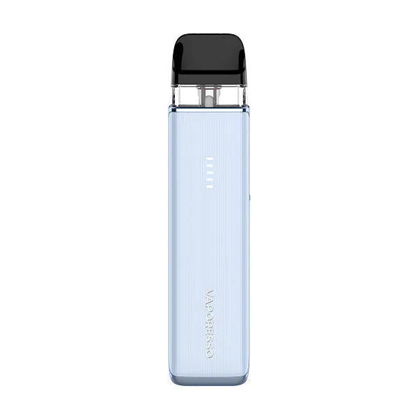 A pale translucent light blue Vaporesso XROS 6 Mini pod kit with a "Jelly" finish and a five-bar lit battery indicator.