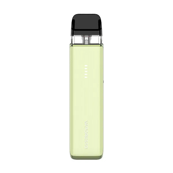 A pale translucent lime green Vaporesso XROS 6 Mini pod kit with a "Jelly" finish and a five-bar lit battery indicator.