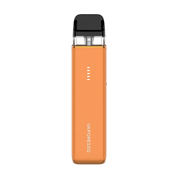A bright translucent orange Vaporesso XROS 6 Mini pod kit with a glossy "Jelly" finish and a five-bar lit battery indicator.