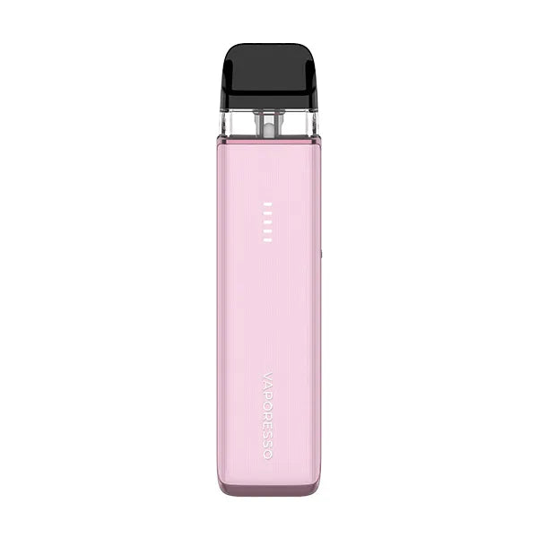 A pale translucent pink Vaporesso XROS 6 Mini pod kit with a glossy "Jelly" finish and a five-bar lit battery indicator.