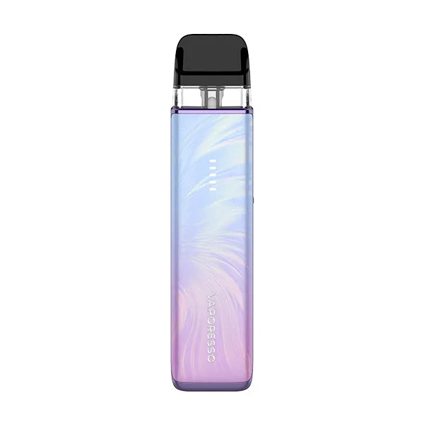 A pastel lilac-pink iridescent Vaporesso XROS 6 Mini pod kit with a swirling feather-like "Plume" pattern and a five-bar lit battery indicator.