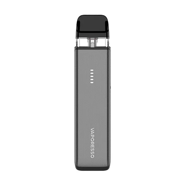 A dark gunmetal grey Vaporesso XROS 6 Mini pod kit with a fine honeycomb-textured "Titanium" finish and a five-bar lit battery indicator.