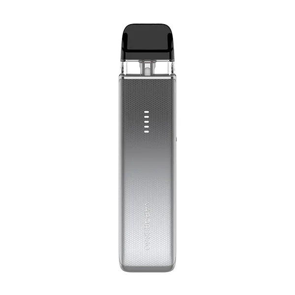 A silver Vaporesso XROS 6 Mini pod kit with a honeycomb-textured "Titanium" finish fading to dark grey at the base, and a five-bar lit battery indicator.