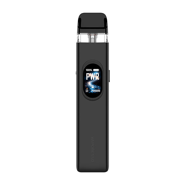 A black Vaporesso XROS 6 Vape Kit in a Cosmic Black finish, with an oval display showing 100% battery and power mode.