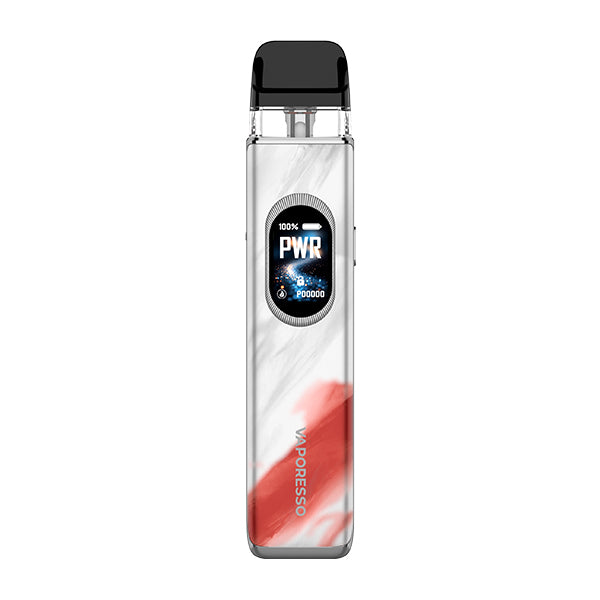 A white and red Vaporesso XROS 6 Vape Kit in a Scorching Cloud marbled finish, with an oval display showing 100% battery and power mode.