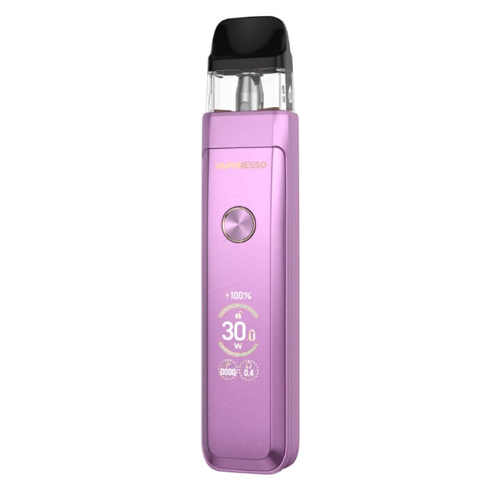 A purple Vaporesso XROS Pro 2 pod vape in a Dawn Purple finish, with a digital display showing 30.0W.