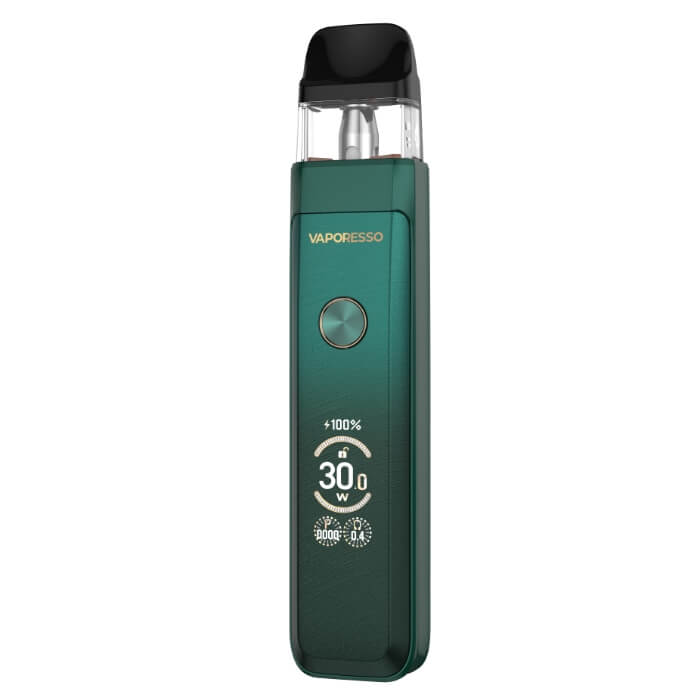 A green Vaporesso XROS Pro 2 pod vape in a Gem Green gradient finish, with a digital display showing 30.0W.