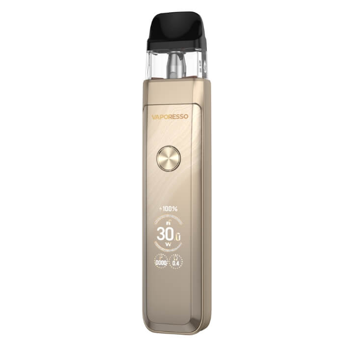 A gold Vaporesso XROS Pro 2 pod vape in a Glittering Gold textured finish, with a digital display showing 30.0W.