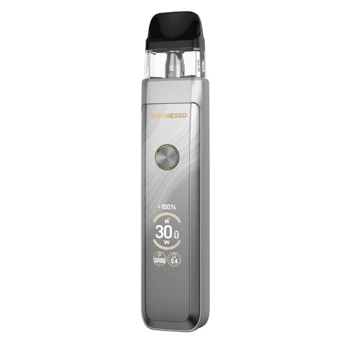 A silver Vaporesso XROS Pro 2 pod vape in a Glittering Silver textured finish, with a digital display showing 30.0W.