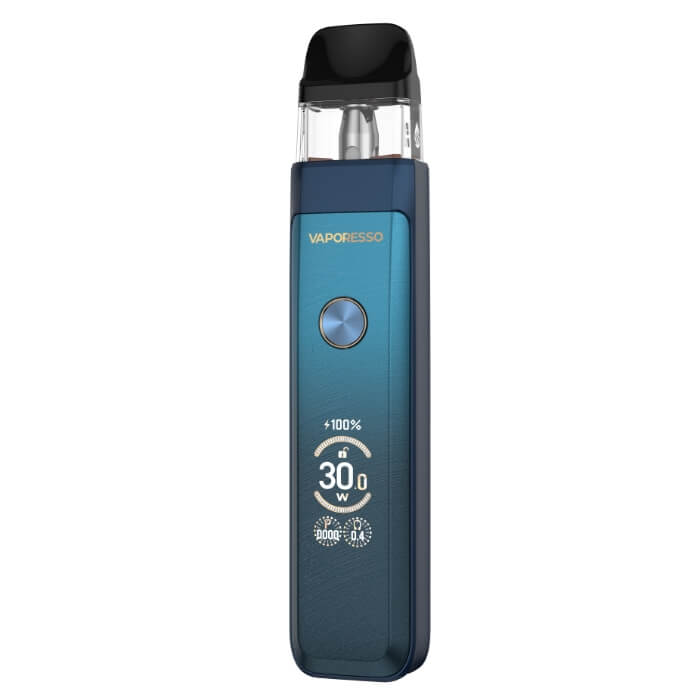 A blue Vaporesso XROS Pro 2 pod vape in a Storm Blue gradient finish, with a digital display showing 30.0W